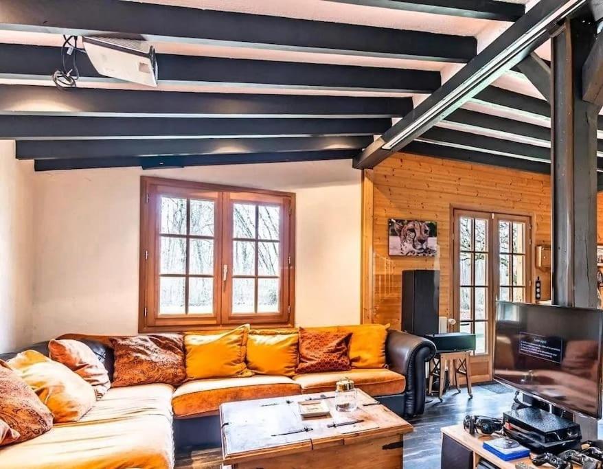 a living room with a couch and a tv at Chalet avec SPA et étang à proximité du Lac in Anthy