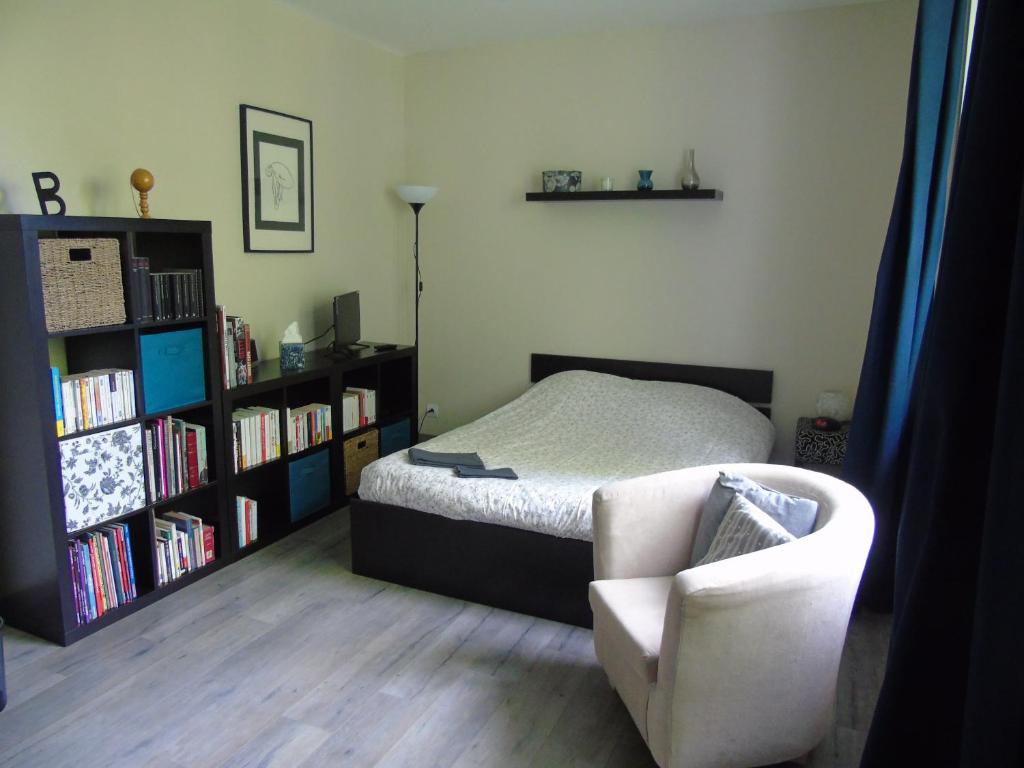 - une chambre avec un lit et une étagère avec des livres dans l'établissement Les chambres de l'atelier, à Marigné-Laillé