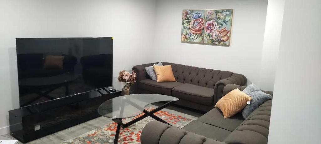 a living room with a couch and a tv at Contemporary Two Bedroom Basement Suite in Edmonton