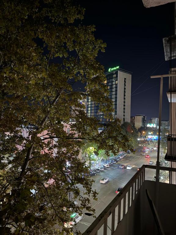 第比利斯Tbilisi pekini avenue Saburtalo的享有夜间城市街道的景色