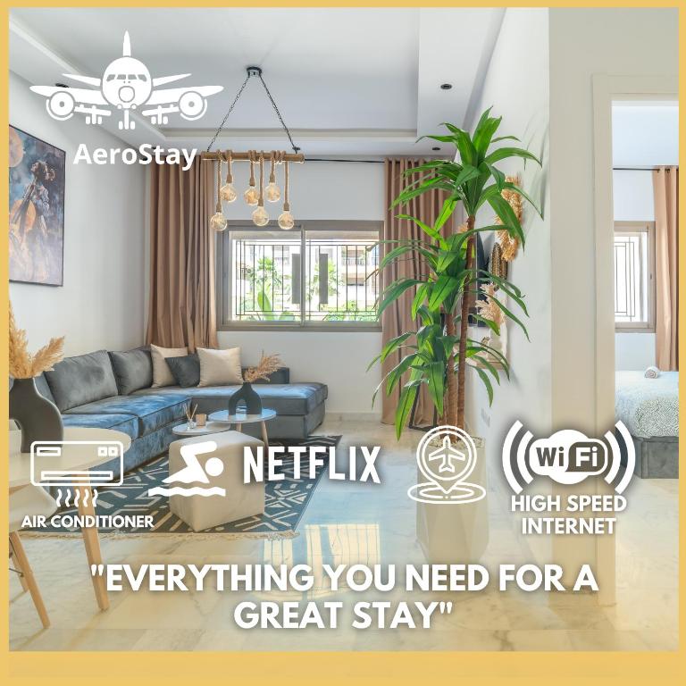 a rendering of a living room with a blue couch at AeroStay in Nouaceur