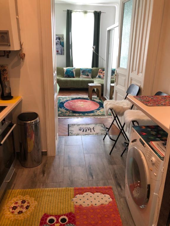 uma cozinha com uma sala de estar com um sofá em Apartment Gute Laune-Good mood em Viena