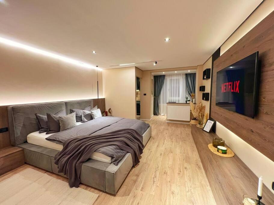 a bedroom with a large bed and a tv at Studio 7- A chic urban hideaway, 10min walk to city center in Timişoara