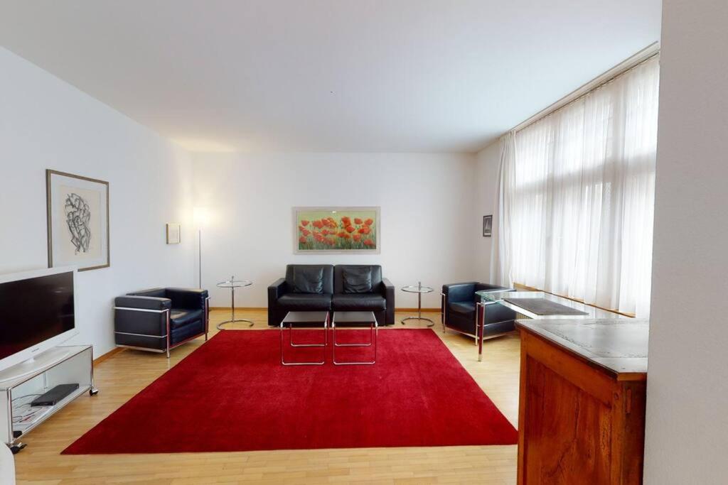 a living room with a red rug and black furniture at Nice 1BR apartment near lake - FB6 in Zürich