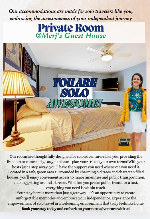 a flyer for a hotel room with a woman standing next to a bed at Merj's Guest House in Wolesly in Winnipeg