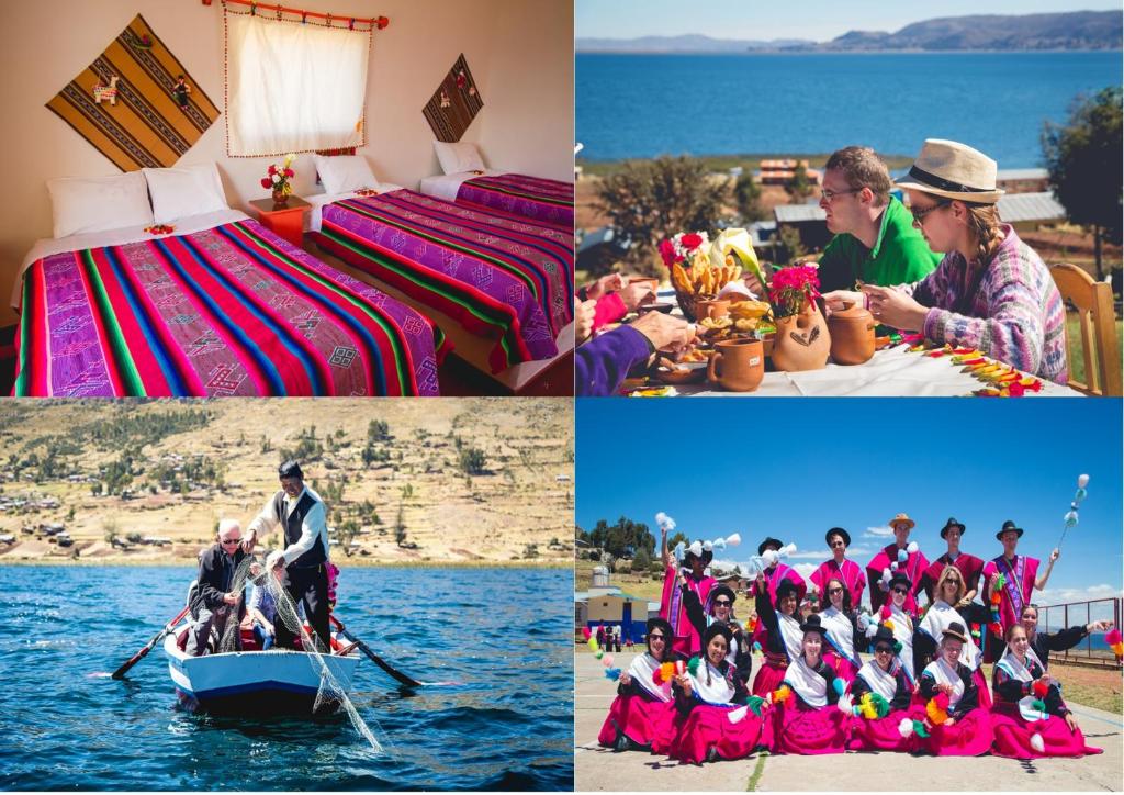 un collage di foto con un gruppo di persone in una barca di TITIKAKA NATURAL LODGE - LUQUINA a Chucuito