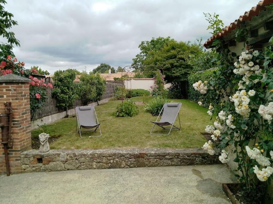 2 chaises assises dans l'herbe du jardin dans l'établissement Gîte ARDELAY et son jardin, 10 min du Grand Parc, aux Herbiers