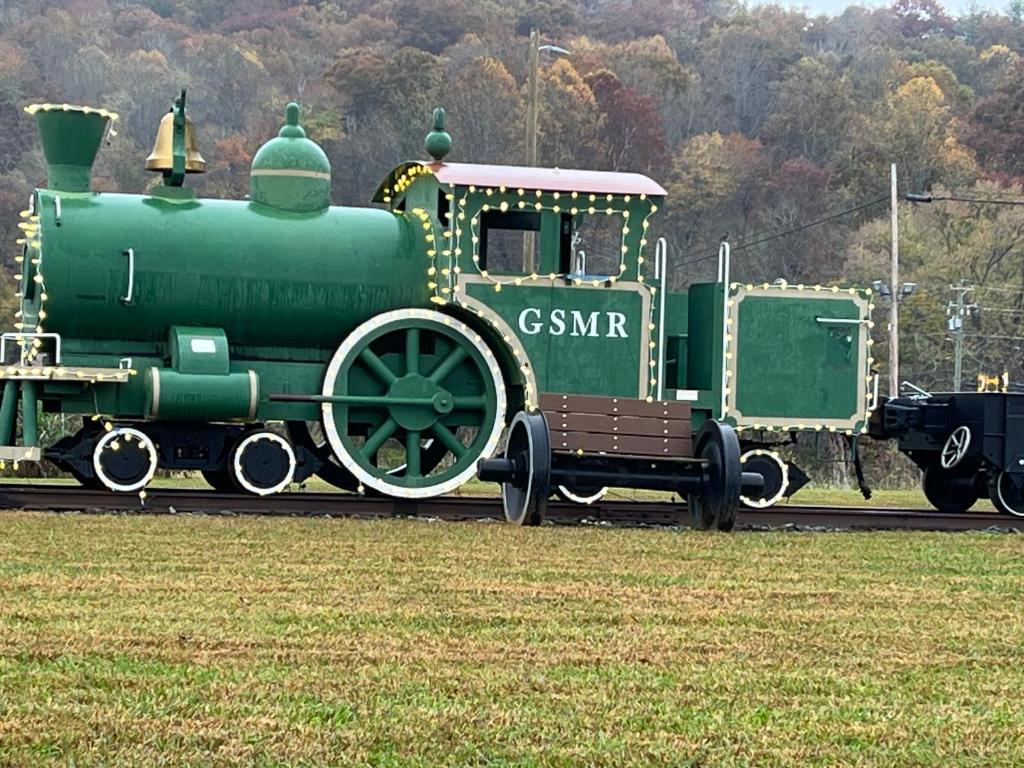 a green train is sitting on the tracks at Cochran Farm House in Bryson City