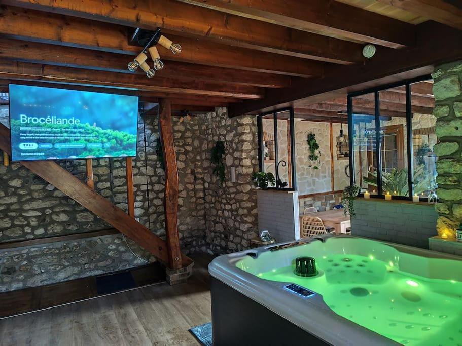 a large bathroom with a tub and a tv at Le Petit Paradis in Bouafles