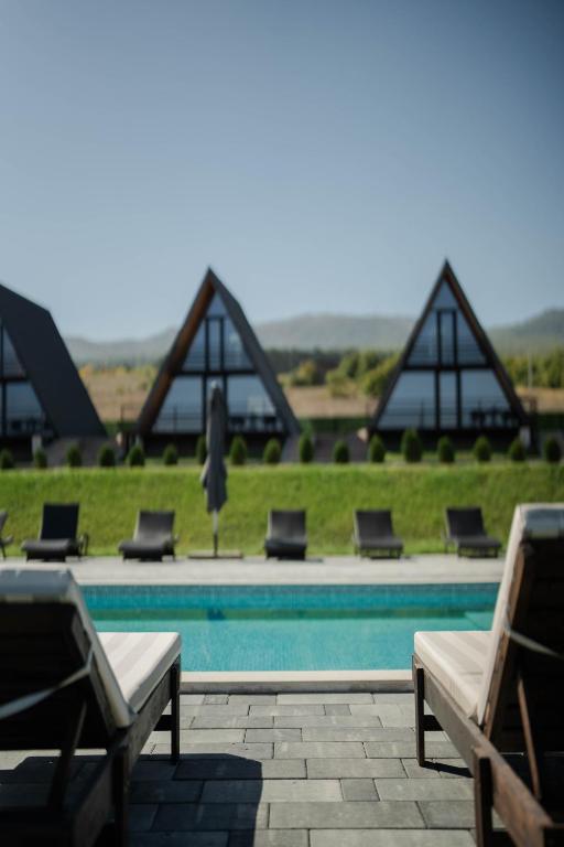 a swimming pool with lounge chairs next to at TITA HOMES in Telavi