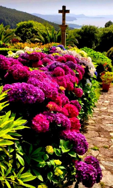 a garden of flowers with a cross in the background at Casa Golmar 20 in Cedeira
