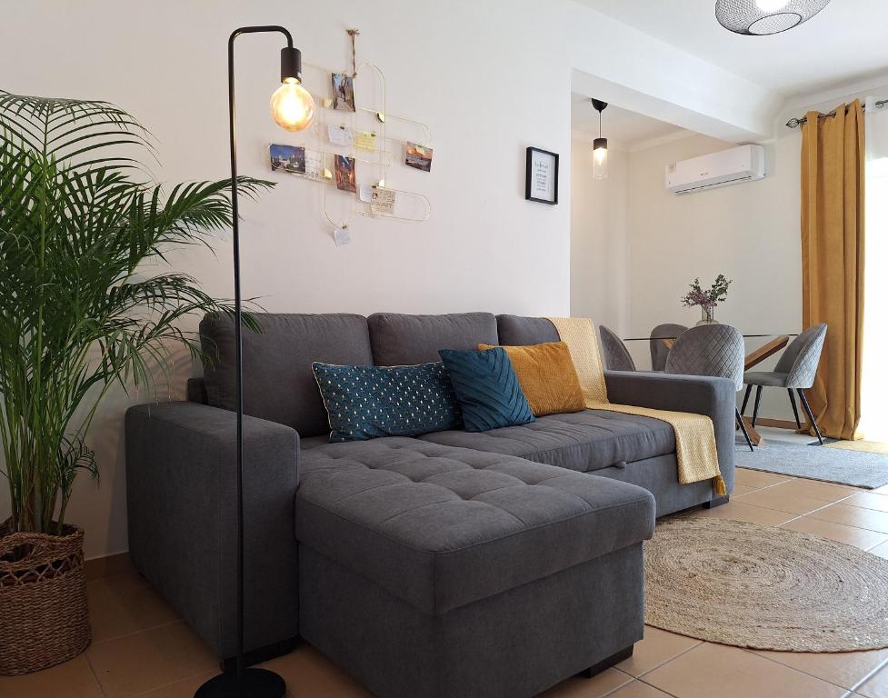 a living room with a gray couch and a plant at Casinha da Ria in Faro