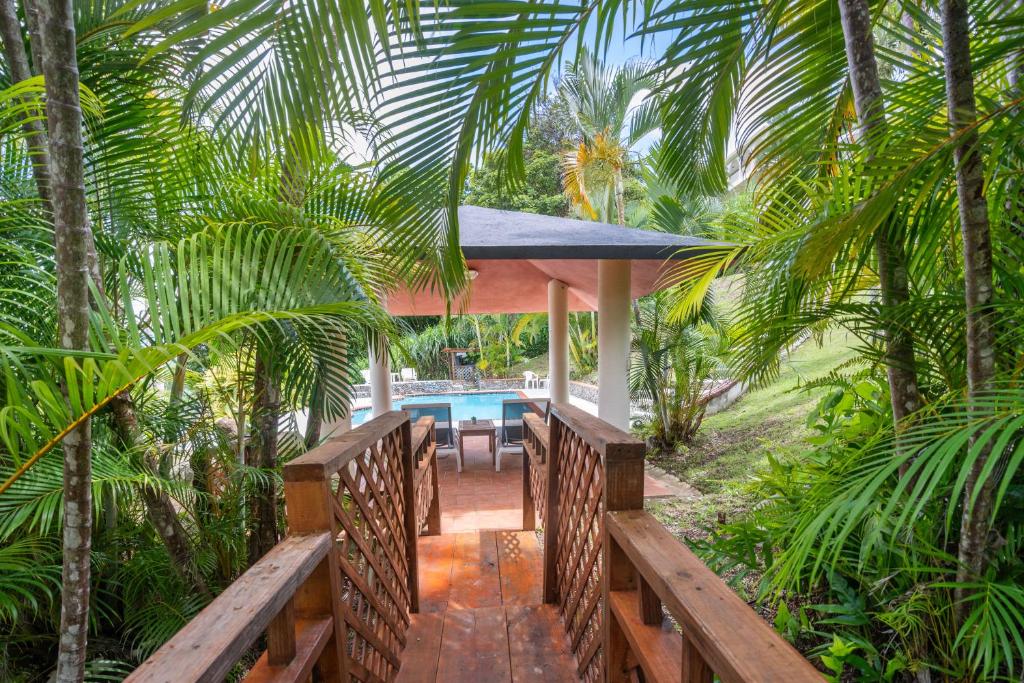 a wooden walkway leading to a pool in the jungle at Nice Pool & Bbq W Mountain Views By Otium in Carolina