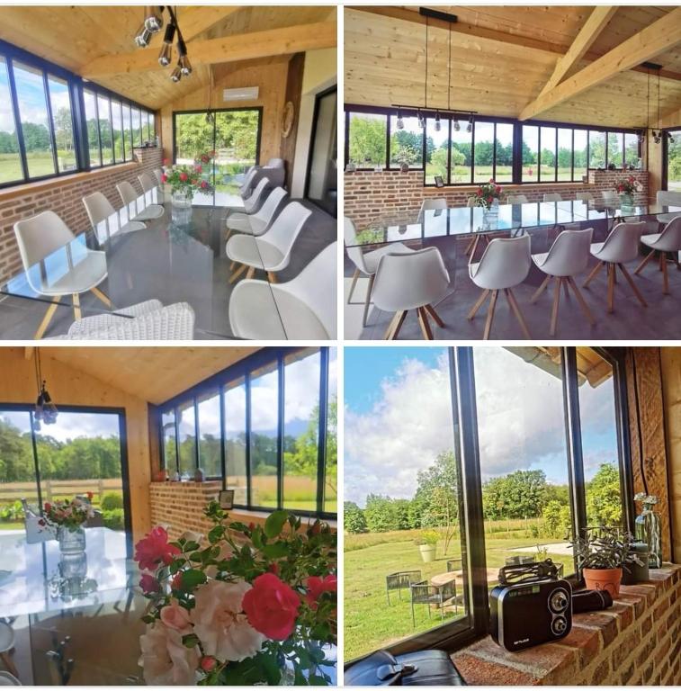 un collage de photos d'une pièce avec une table et des chaises dans l'établissement Le Pti'Fernin, Gîte de Sologne, à Saint-Viâtre