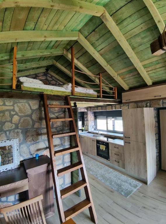 a loft bed in a kitchen with a ladder at Stone House Montenegro in Danilovgrad