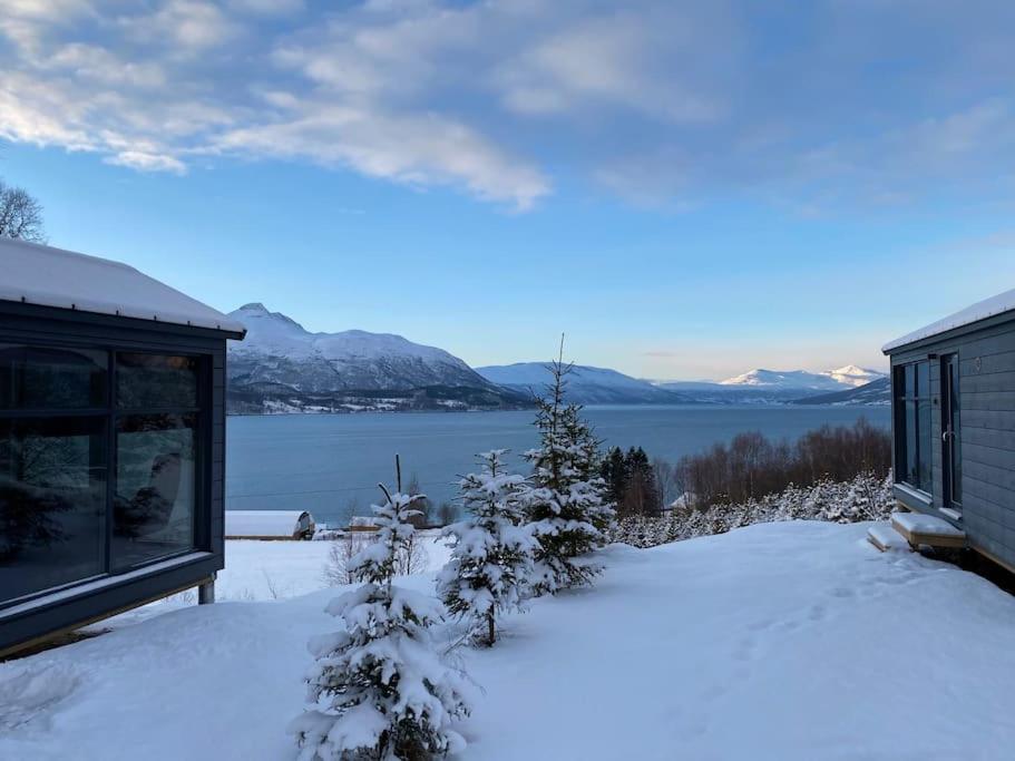 a house in the snow with a view of a lake at Northern Lights Haven in Ytre Tomasjord
