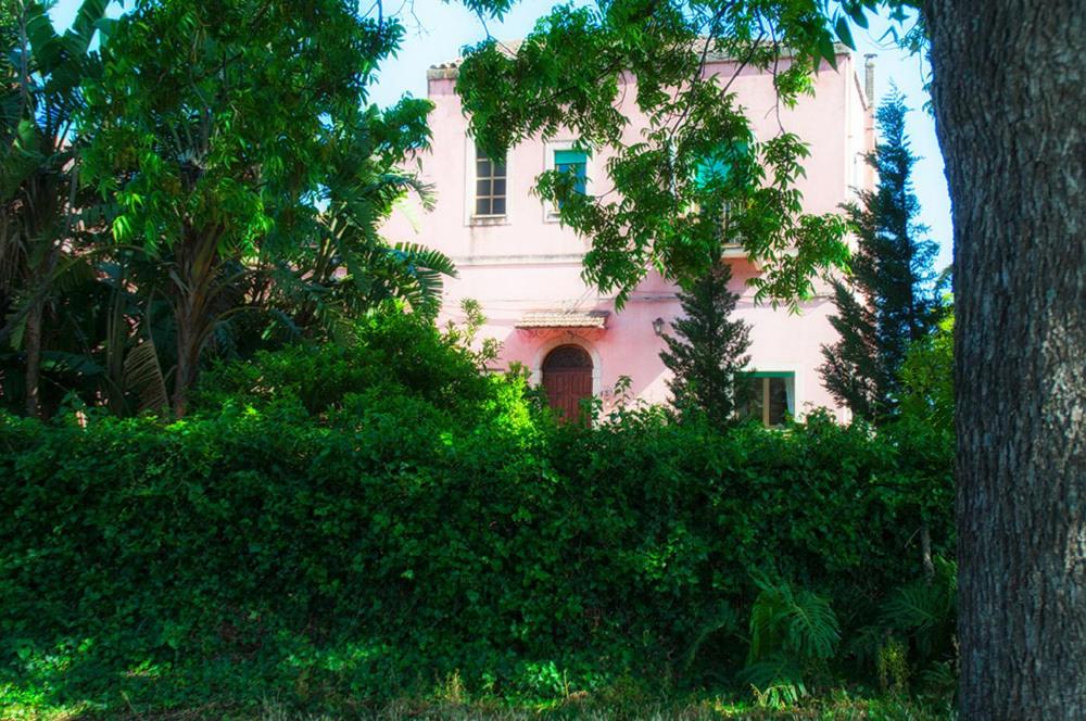 ジャルディーニ・ナクソスにあるI Giardini di Naxosの茂みや木々の背後のピンクの家