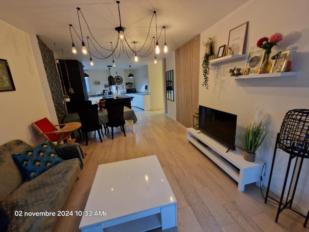 salon z kanapą i telewizorem w obiekcie Superbe Appartement 3 pièces près de la Défense w mieście Nanterre