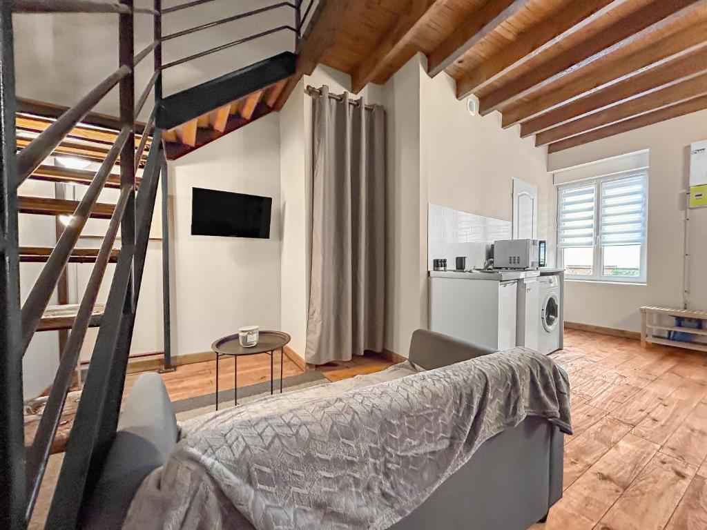 1 dormitorio con 1 cama elevada y cocina en Mezzanine, Terrasse privée et Clim, en Coulanges-lès-Nevers