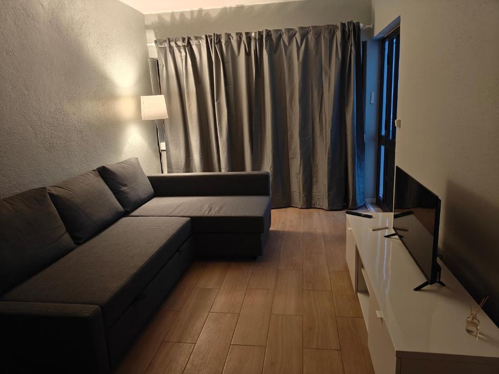 een woonkamer met een bank en een televisie bij Lagoon House in Santiago do Cacém