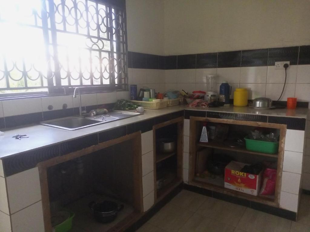 a kitchen with a sink and a counter top at Sour sop Guest House in Kampala