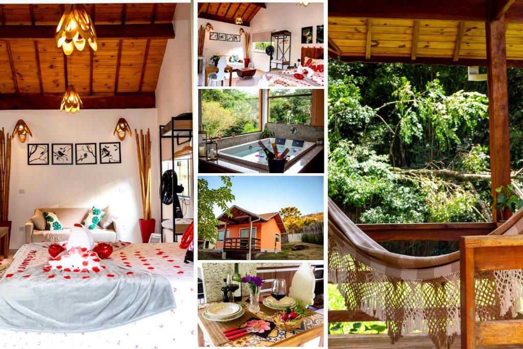 a collage of photos of a house with a bed and a hammock at Chalé Canto do Galo 2 - Hidro da Jacuzzi, Lareira Ecológica, Cozinha Completa, Wi-Fi 80mbps, próximo a comércio local e relaxando ao som do riacho in Gonçalves