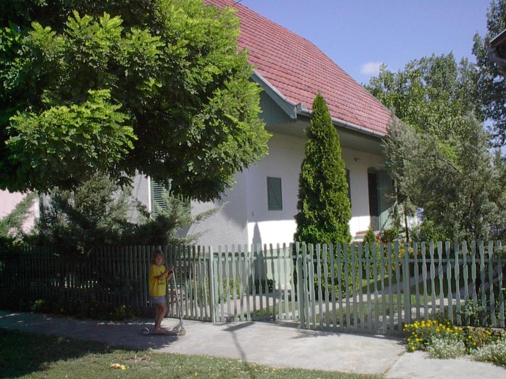 a young boy standing next to a fence in front of a house at Babarczi Üdülőház in Kiskunmajsa