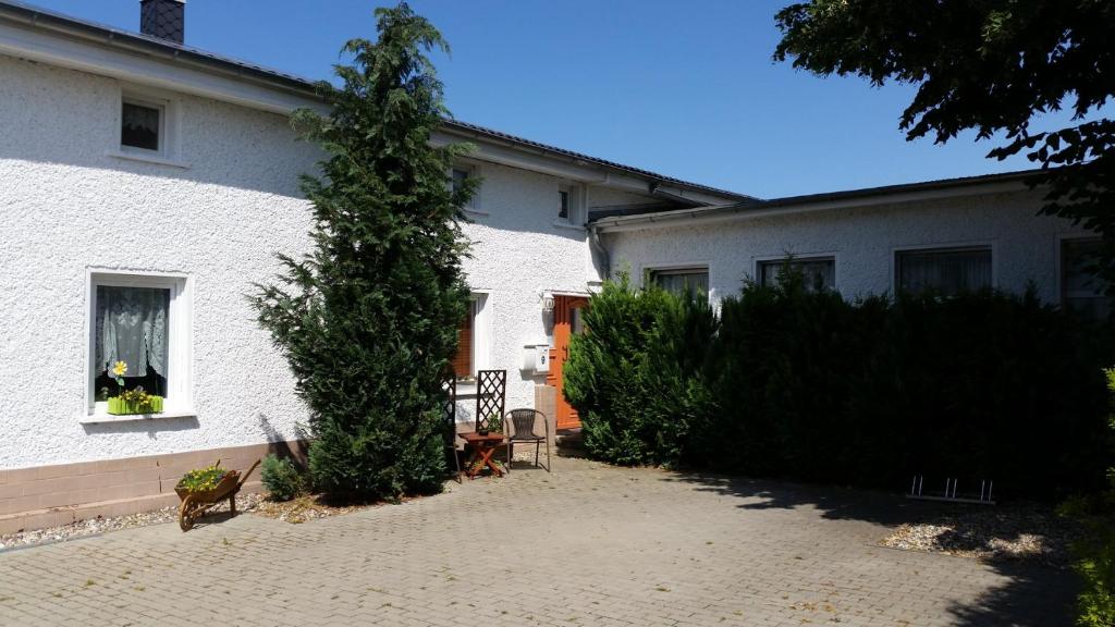 ein weißes Haus mit einem Baum im Fenster in der Unterkunft Ferienwohnungen Haus Mecklenburg in Elmenhorst