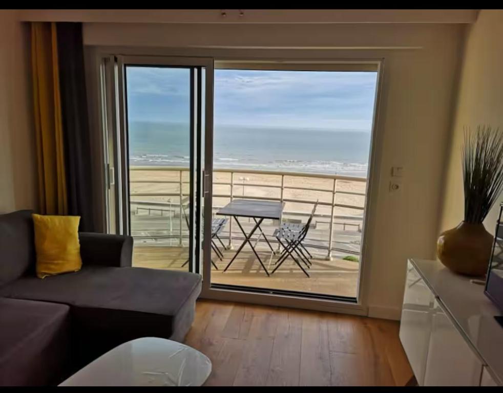 un salon avec un canapé et une vue sur l'océan dans l'établissement T2bis, petit coin de paradis face à la mer, à Saint-Jean-de-Monts