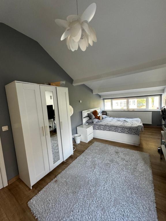 a bedroom with a bed and a ceiling fan at Villa Brussel in Dilbeek