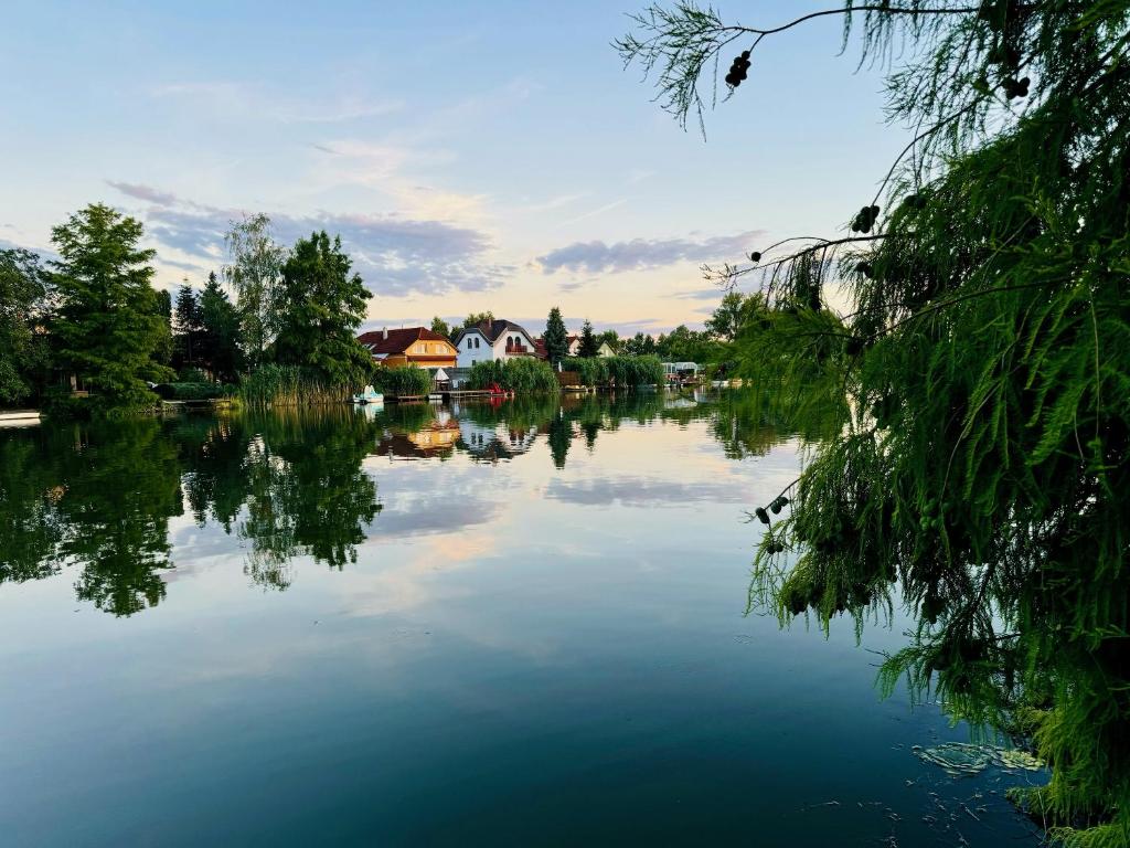 a view of a lake with a house in the distance at Füzesem Apartman in Békésszentandrás