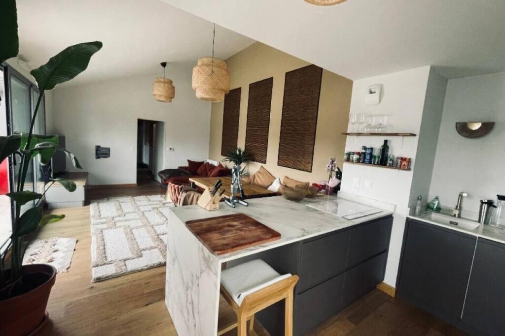 une cuisine avec un comptoir et un salon dans l'établissement coup de coeur rooftop vertou proche Nantes, à Vertou