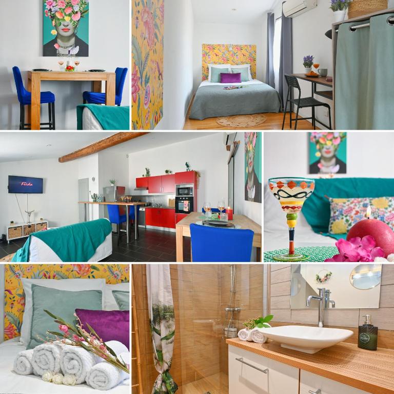 un collage de photos d'un petit appartement dans l'établissement L'écrin de Frida - Duplex au cœur de la ville, à Nîmes