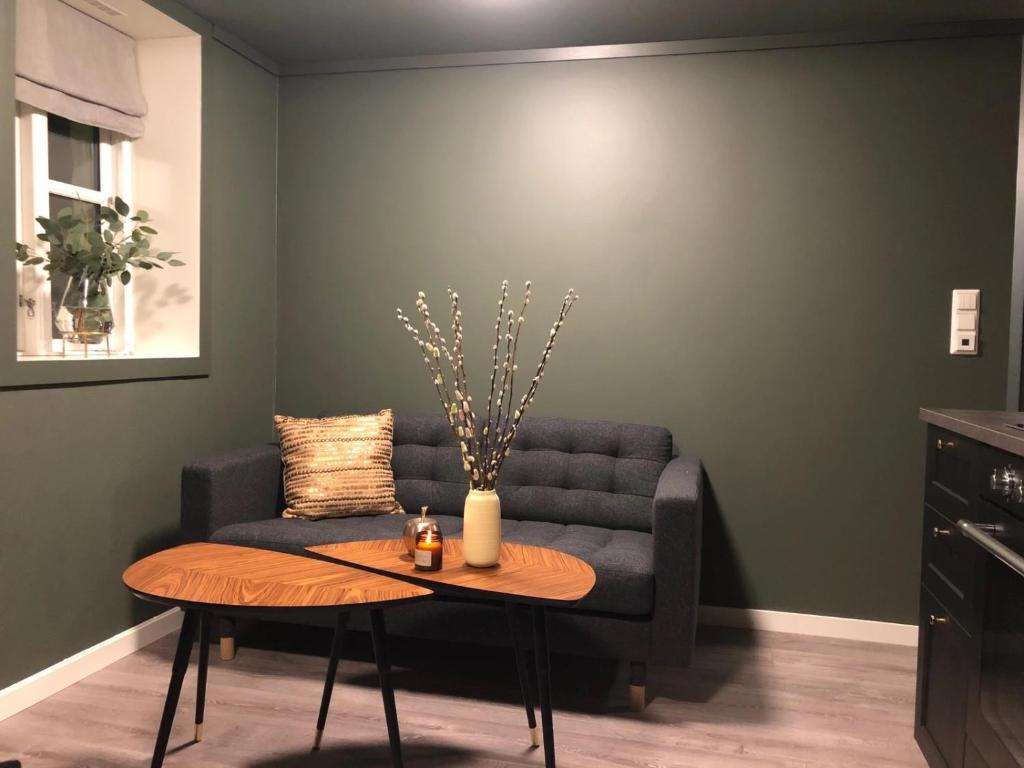un salon avec un canapé et une table dans l'établissement Studio above Bryggen with local charm, à Bergen