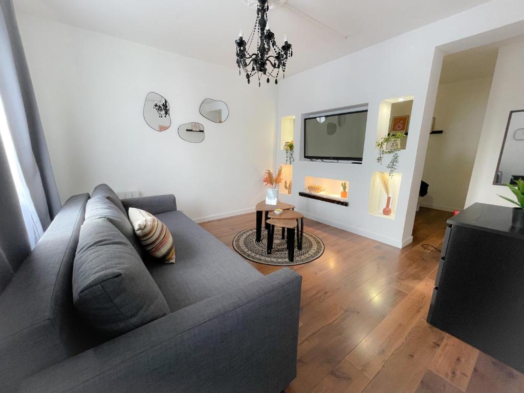 un salon avec un canapé gris et une télévision dans l'établissement L'Écureuil, à Calais