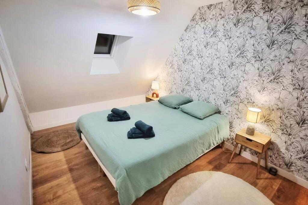 una camera da letto con un letto con due cuscini sopra di Appartement T2 proche gare et centre ville a Châteauroux