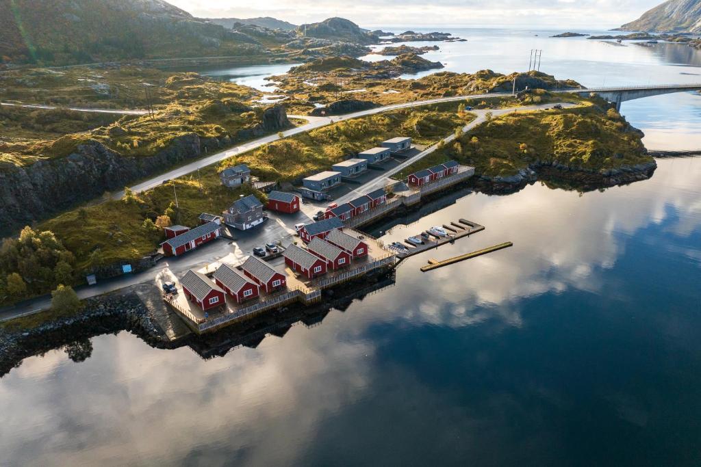 an aerial view of a marina in the water at Arctic Resort Lofoten in Ramberg