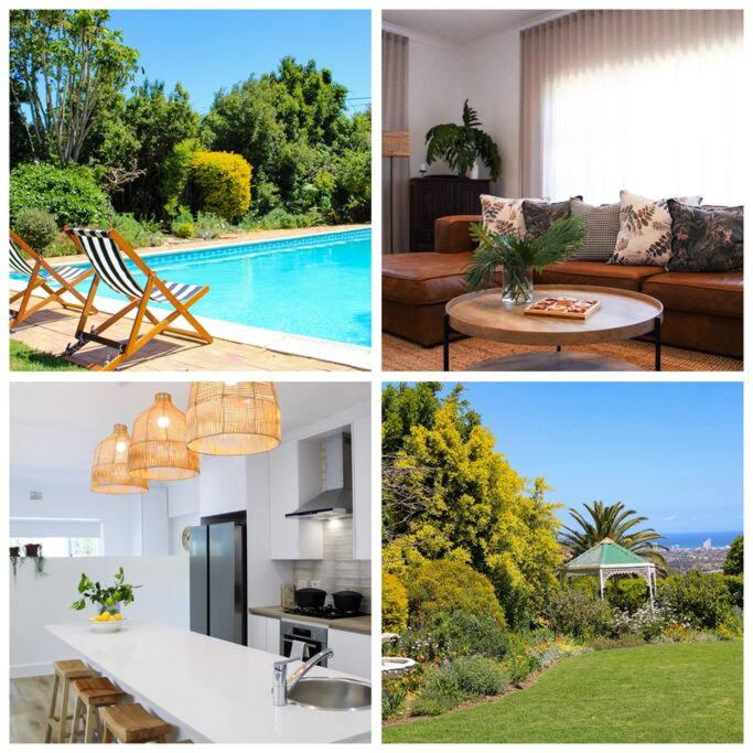 a series of four pictures of a living room and a pool at Luxury Poolside Villa Irene in Cape Town