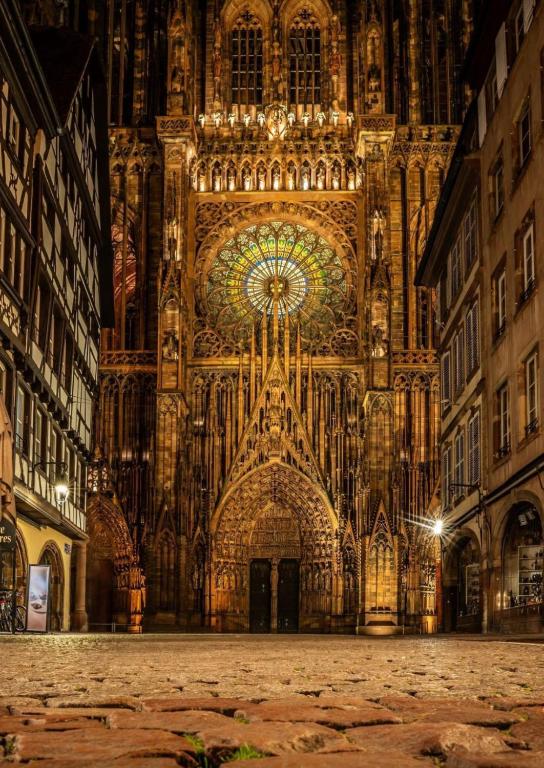 une grande cathédrale avec un grand bâtiment dans l'établissement Strasbourg Apartment with parking, à Strasbourg