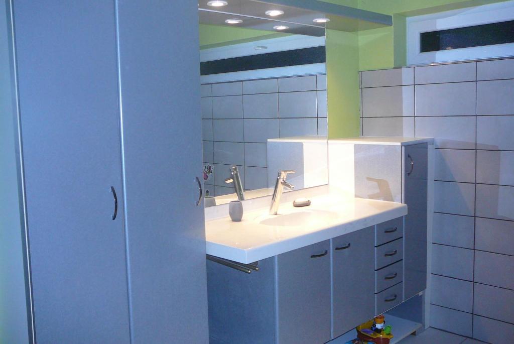 une salle de bain avec un lavabo et un miroir dans l'établissement Grand appartement avec terrasse, à Marlenheim