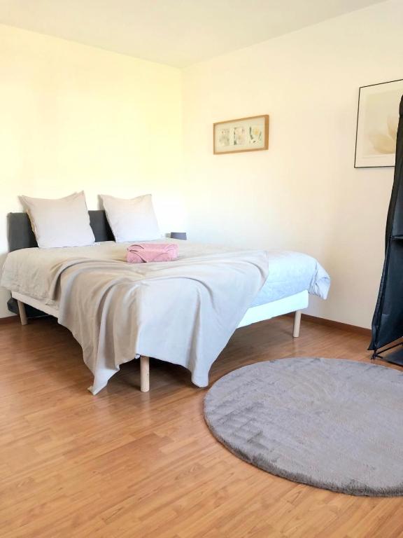 - une chambre avec un lit doté d'une couverture et d'un tapis dans l'établissement Studio 7'4 - proche frontière de Bâle, à Saint-Louis