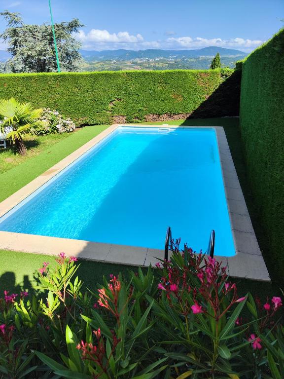 - une piscine bleue dans une cour fleurie dans l'établissement Gite Saint Barthelemy le Plain - Village, à Saint-Barthélemy-le-Plain