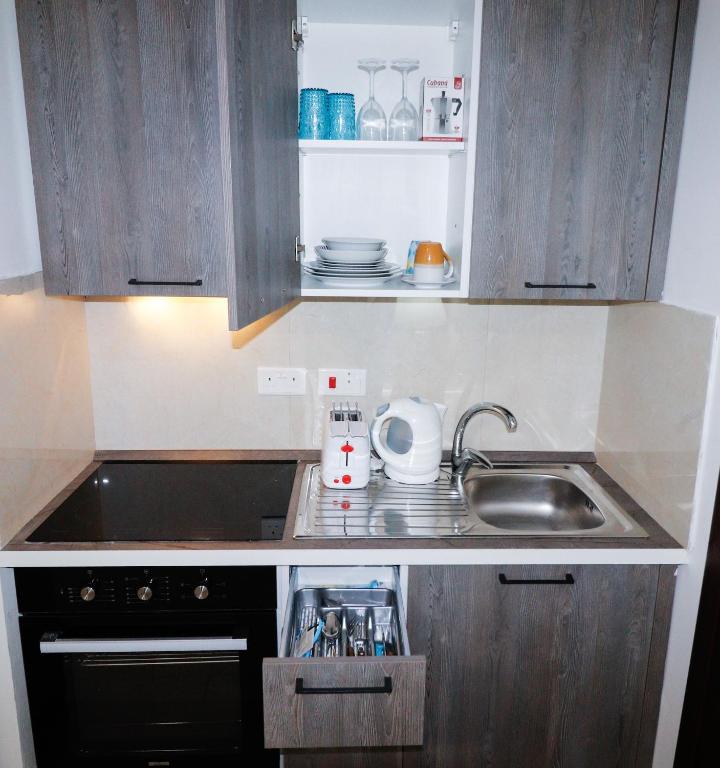 Kuchyň nebo kuchyňský kout v ubytování Napoli Suites Studios Aparthotel