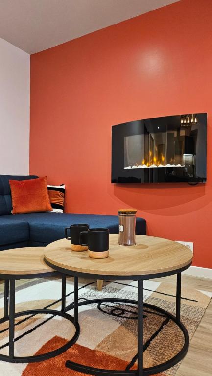 - un salon avec un canapé et une cheminée dans l'établissement Appartement cozy 2 chambres, à Luchon