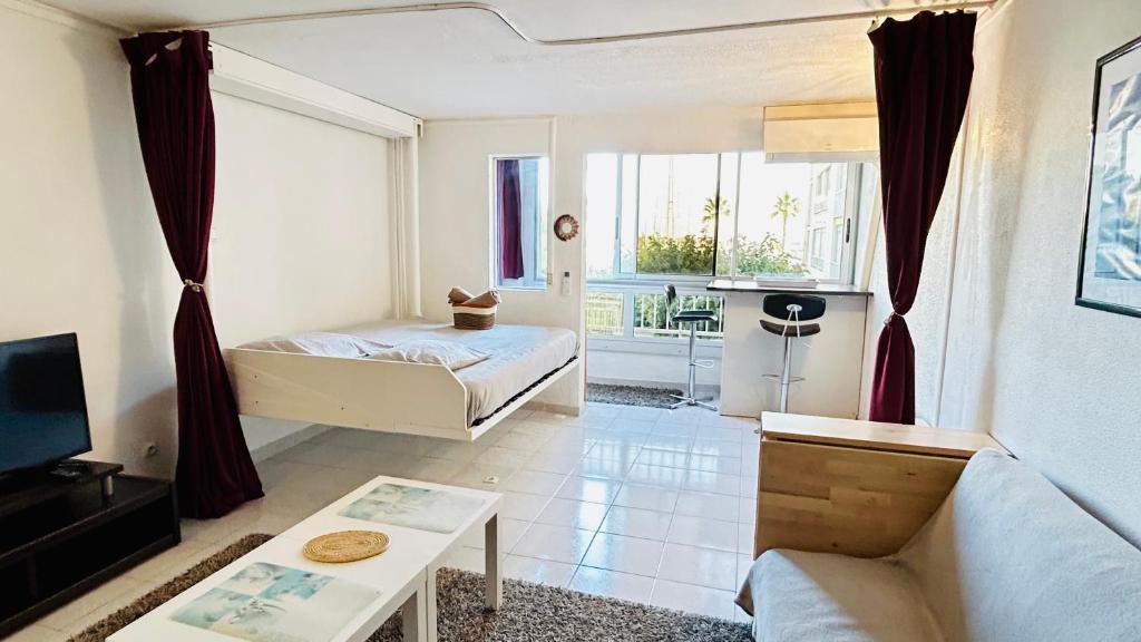 un salon avec un lit et un canapé dans l'établissement Studio Confort l'Escapade du Port, à Gruissan