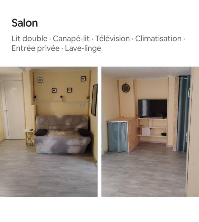 two pictures of a room with a living room at T1 28m2 en RDC avec jardin et piscine in Cabestany