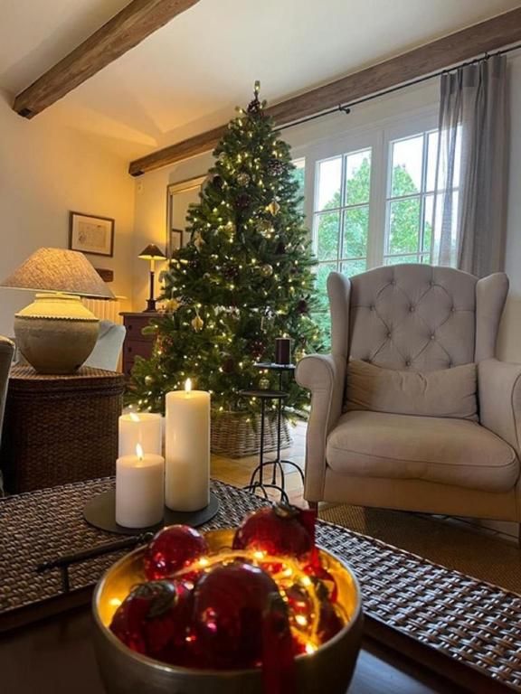 un salon avec un arbre de Noël et des bougies dans l'établissement Villa Quercia Grand Confort dans Oasis de Calme, à Fréjus