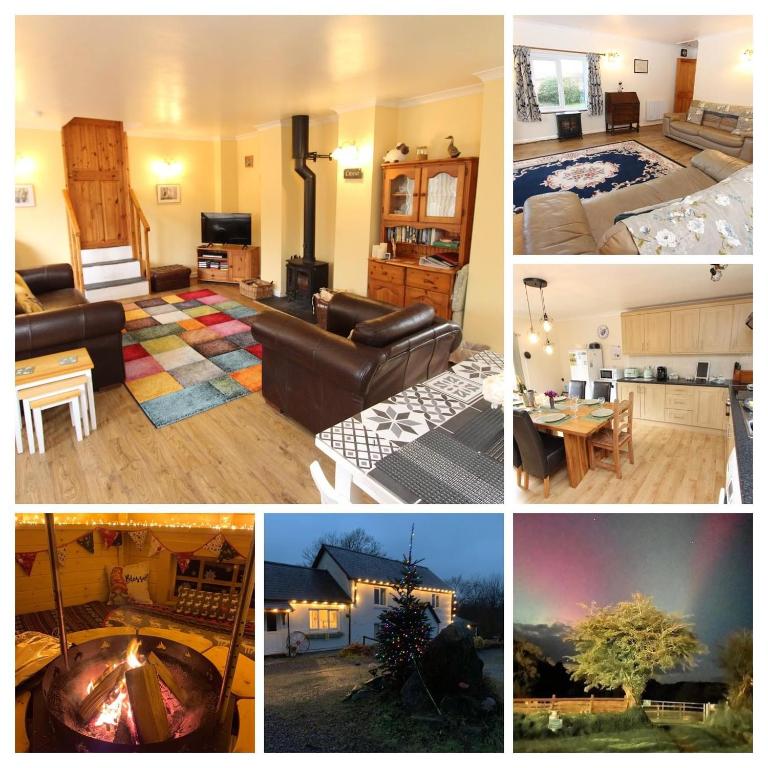 a collage of four pictures of a living room at Blaencwm Cottages in Boncath