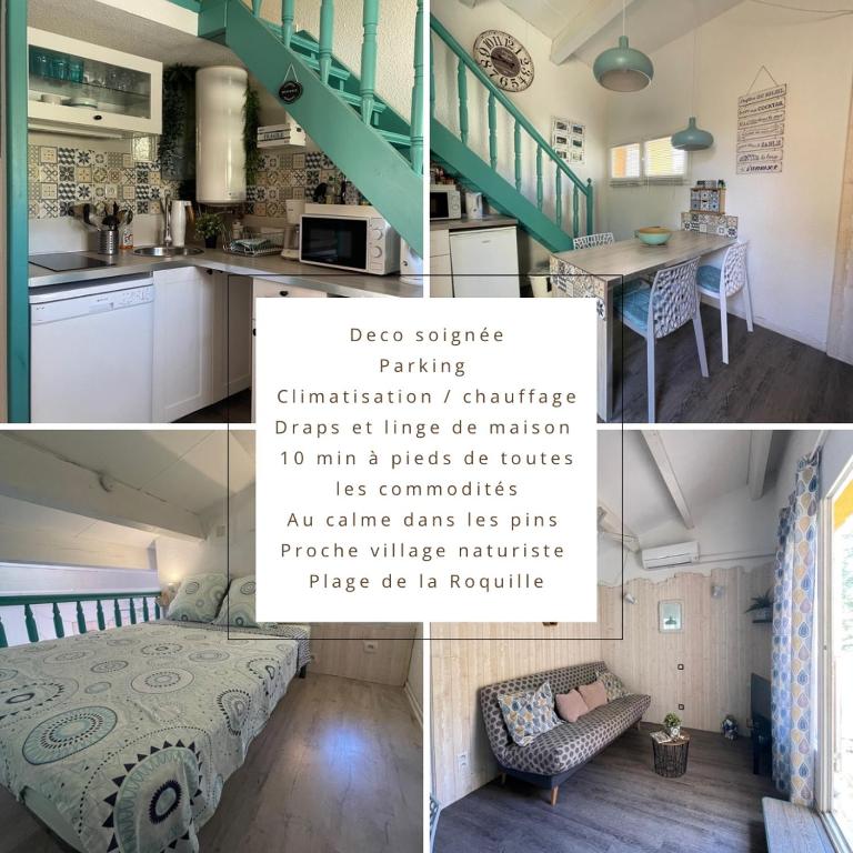 un collage de photos d'une cuisine et d'une chambre dans l'établissement Studio Émeraude -Parking-Clim, au Cap d'Agde
