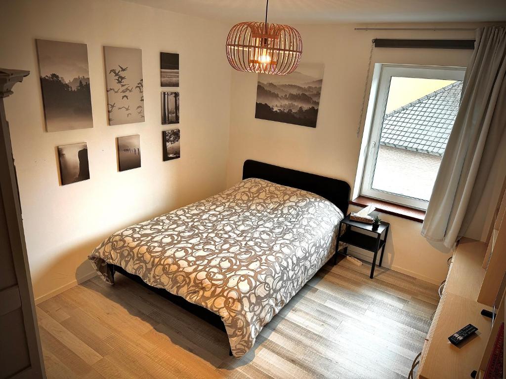 a bedroom with a bed and a window and a chandelier at hébergement pour 3 personnes, 2 chambres in Overijse